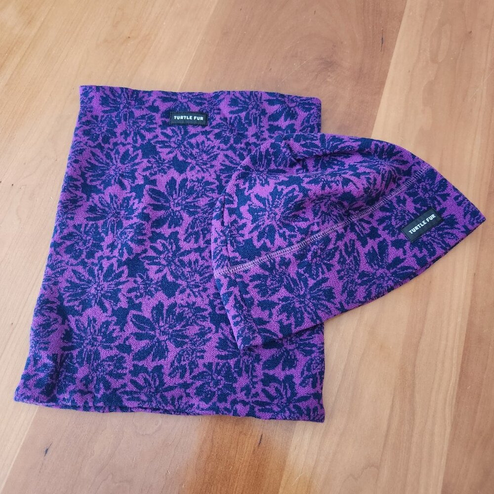 Turtle Fur 100% Merino Wool Beanie Hat & Neck Warmer Set - Purple Floral Knit